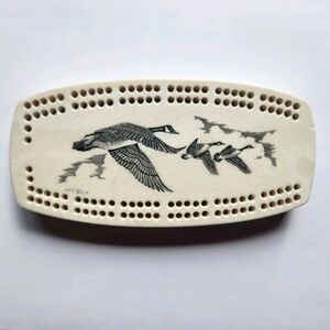 Vintage NCT Faux Ivory Scrimshaw Cribbage Board Canadian Geese Canada Goose